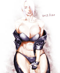 Rule 34 | 1girl, abs, angel (kof), bare shoulders, blue eyes, breasts, chaps, cleavage, cropped jacket, curvy, dated, fingerless gloves, gloves, hair over one eye, huge breasts, lips, midriff, navel, off shoulder, panties, sawao, short hair, snk, solo, strapless, the king of fighters, underwear, white hair