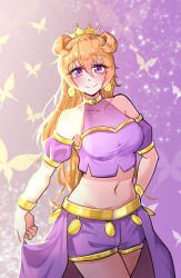 Rule 34 | 1girl, absurdres, artist name, artist request, blush, bracelet, breasts, brown hair, bug, butterfly, butterfly (love live!), choker, cleavage, clothing cutout, collarbone, cropped shirt, crown, detached sleeves, double bun, dress, dress shirt, earrings, female focus, gold bracelet, hair between eyes, hair bun, hair rings, hand on own hip, harem outfit, highres, holding, holding clothes, insect, jewelry, konoe kanata, long hair, looking at viewer, love live!, love live! nijigasaki high school idol club, love live! school idol festival, medium breasts, navel, parted lips, puffy short sleeves, puffy sleeves, purple eyes, purple shirt, purple shorts, shirt, short sleeves, shorts, shoulder cutout, smile, solo, two side up, yellow bracelet, yellow choker