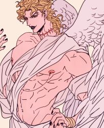 Rule 34 | 1boy, abs, angel wings, black lips, black nails, blonde hair, bracelet, dio brando, evil smile, fangs, feathered wings, hand on own hip, highres, jewelry, jojo no kimyou na bouken, linked piercing, long hair, male focus, mole, mole on ear, muscular, muscular male, navel, nipple chain, nipple piercing, nipples, pectorals, piercing, scar, scar on neck, shawl, shenshan laolin, simple background, smile, solo, stardust crusaders, wings, yellow eyes