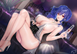 Rule 34 | 1girl, azur lane, backless dress, backless outfit, bag, bare shoulders, blue hair, blue nails, bracelet, breasts, champagne flute, cityscape, cleavage, crossed legs, cup, dress, drinking glass, earrings, evening gown, hair between eyes, hair ornament, hairclip, halter dress, halterneck, handbag, high heels, holding, holding cup, indoors, jewelry, large breasts, nail polish, necklace, night, obiwan, parted lips, pink eyes, plunging neckline, revealing clothes, shiny skin, side ponytail, sidelocks, silver dress, silver footwear, sitting, st. louis (azur lane), st. louis (luxurious wheels) (azur lane), thighs