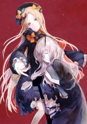 Rule 34 | 2girls, abigail williams (fate), bags under eyes, black bow, black dress, black hat, blonde hair, blue eyes, book, bow, bug, butterfly, closed mouth, commentary request, dress, fate/grand order, fate (series), hair between eyes, hair bow, hat, head tilt, heterochromia, holding, holding book, horns, hugging book, hugging object, insect, key, lavinia whateley (fate), long hair, long sleeves, looking at viewer, multiple girls, nakiha, orange bow, outstretched arm, parted bangs, parted lips, polka dot, polka dot bow, red background, red eyes, single horn, sleeves past wrists, stuffed animal, stuffed toy, teddy bear, very long hair, white hair, wide-eyed