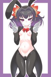Rule 34 | absurdres, animal ears, antenna hair, border, bow, bowtie, breasts, coattails, fake animal ears, flower, gloves, gluteal fold, hair flower, hair ornament, hairband, highres, long hair, looking at viewer, meme attire, mole, mole under eye, pubic hair, purple border, purple eyes, purple hair, rabbit ears, reverse bunnysuit, reverse outfit, rnt (251139), shrug (clothing), simple background, small breasts, symonne (tales), tales of (series), tales of zestiria, white gloves