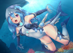 Rule 34 | 1girl, ;o, air bubble, bare shoulders, blue hair, bodysuit, bridal gauntlets, bubble, diving, fins, fish, fish tail, full body, headdress, light rays, long hair, looking at viewer, mecha musume, one-piece swimsuit, one eye closed, open mouth, original, pink eyes, sasaame, shark, shark girl, solo, sunbeam, sunlight, swimsuit, tail, thighs, underwater, v-shaped eyebrows, water, white one-piece swimsuit, wince, wink