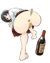 Rule 34 | 1girl, alcohol, alcohol enema, all fours, anu suzuki, anus, anus only, ass, asymmetrical bangs, bandaid, bandaid on pussy, barefoot, black hair, blush, bottle, bottomless, brown eyes, fart, feet, kneeling, long sleeves, looking at viewer, looking back, maebari, no panties, shirt, short hair, simple background, solo, tape, tape on pussy, top-down bottom-up, uncensored, vaginal sticker, white background, white shirt, wine, wine bottle
