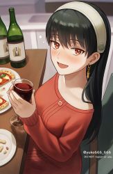 Rule 34 | 1girl, :d, black hair, blush, bottle, breasts, commentary, cup, drink, drinking glass, drunk, earrings, food, highres, jewelry, long hair, looking at viewer, medium breasts, open mouth, peanut, pizza, pizza slice, red eyes, sitting, smile, solo, spy x family, table, twitter username, wine glass, yor briar, yuko666