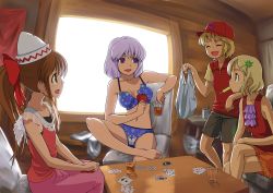 Rule 34 | 4girls, aki minoriko, aki shizuha, alternate costume, alternate hairstyle, androgynous, barefoot, blonde hair, blue bra, blue panties, bra, brown hair, card, casual, contemporary, ebizome, feet, female focus, food, hat, highres, holding, holding card, leaf, leaf on head, crossed legs, letty whiterock, lily white, lingerie, multiple girls, navel, object on head, panties, playing card, ponytail, popsicle, reverse trap, short hair, sitting, tomboy, touhou, underwear, underwear only, wings