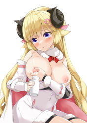Rule 34 | 1girl, animal ears, blonde hair, blue eyes, blush, bottle, bow, bowtie, breasts, breasts out, brooch, cape, closed mouth, commentary, cowboy shot, detached collar, detached sleeves, dress, embarrassed, fur-trimmed dress, fur-trimmed sleeves, fur collar, fur trim, furrowed brow, grabbing own breast, hair ornament, hair ribbon, hairclip, holding, holding bottle, hololive, horns, jewelry, kosuke (bb), lactation, large breasts, long hair, milk bottle, nipples, pink cape, pink ribbon, red bow, red bowtie, ribbon, sheep ears, sheep horns, simple background, solo, symbol-only commentary, tsunomaki watame, tsunomaki watame (1st costume), virtual youtuber, white background, white dress