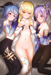 Rule 34 | 3girls, :o, absurdres, ahoge, bed, black gloves, black pantyhose, blonde hair, blue hair, blush, breasts, covering privates, covering breasts, crotch, detached sleeves, ganyu (genshin impact), genshin impact, gloves, highres, keqing (genshin impact), long hair, looking at viewer, lumine (genshin impact), lying, medium breasts, multiple girls, navel, on back, open mouth, pantyhose, parted lips, partially fingerless gloves, pelvic curtain, purple eyes, purple hair, purple sleeves, short hair with long locks, sideboob, sidelocks, smile, tanatonkub, thighlet, very long hair, white legwear, white sleeves, yellow eyes