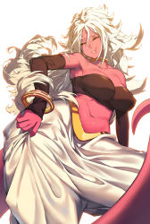 Rule 34 | 1girl, absurdres, android 21, armpits, baggy pants, bare shoulders, black sclera, bracelet, breasts, collarbone, colored sclera, colored skin, detached sleeves, dragon ball, dragon ball fighterz, eureka brider, harem pants, highres, impossible clothes, jewelry, large breasts, long hair, looking at viewer, majin android 21, messy hair, midriff, navel, neck ring, pants, pink skin, red eyes, solo, strapless, tube top, very long hair, white background, white hair