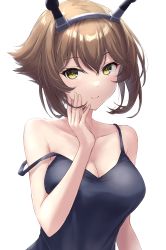 Rule 34 | 1girl, alternate costume, black camisole, breasts, brown hair, camisole, collarbone, flipped hair, green eyes, hairband, hand on own cheek, hand on own face, headgear, highres, kantai collection, large breasts, monoku, mutsu (kancolle), radio antenna, short hair, smile, solo, strap slip, upper body