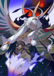 Rule 34 | 1girl, absurdres, animal ears, antenna hair, bingansuan jiamouren, breasts, closed mouth, commentary, dark-skinned female, dark skin, egyptian clothes, expressionless, facepaint, facial mark, fake wings, fate/grand order, fate (series), fire, from below, grey hair, hair flaps, hair tubes, hairband, highres, jackal ears, jewelry, long hair, looking at viewer, looking down, medium breasts, nemes, nitocris alter (fate), nitocris alter (third ascension) (fate), sidelocks, slit pupils, solo, underbust, usekh collar, white fire, wings, yellow eyes