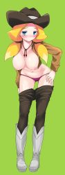 Rule 34 | 10s, 1girl, bad id, bad pixiv id, blonde hair, blue eyes, blush, boots, breasts, clothes pull, cowboy hat, danball senki, endou masatoshi, freckles, full body, green background, hat, jacket, jessica kaios, knee boots, large breasts, leaning forward, navel, nipples, open clothes, open jacket, panties, pants, pants pull, solo, twintails, underwear