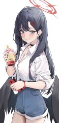 Rule 34 | 1girl, black choker, black hair, black wings, blue archive, blue shorts, bubble tea, cellphone, choker, closed mouth, commentary, cup, grey eyes, gubbi on, hair ornament, hairclip, halo, highres, holding, holding cup, holding phone, ichika (blue archive), korean commentary, long hair, looking at viewer, low wings, phone, red halo, shirt, shorts, simple background, smile, solo, white background, white shirt, wings