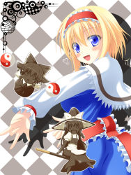 Rule 34 | 1girl, :d, alice margatroid, anni minto, argyle, argyle background, argyle clothes, belt, blonde hair, blue dress, blue eyes, blush, broom, broom riding, capelet, character doll, chocolate, dress, food, hair ribbon, hairband, hakurei reimu, highres, kirisame marisa, long sleeves, open mouth, pocky, ribbon, short hair, simple background, smile, solo, touhou, yin yang