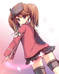 Rule 34 | 10s, 1girl, blush, bow, brown eyes, brown hair, dutch angle, izumiyuhina, kantai collection, looking at viewer, looking back, pleated skirt, ribbon, ryuujou (kancolle), shikigami, signature, skirt, smile, solo, twintails, visor cap