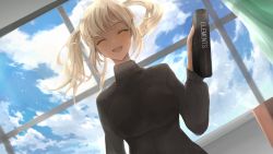 Rule 34 | 1girl, ^ ^, alternate costume, black sweater, blonde hair, blue sky, blush, book, breasts, chan1moon, closed eyes, cloud, cloudy sky, commentary, curtains, dark-skinned female, dark skin, day, dutch angle, english commentary, floating hair, holding, holding book, hololive, hololive english, indoors, large breasts, long sleeves, looking at viewer, medium hair, open mouth, sky, smile, solo, sweater, tsukumo sana, turtleneck, turtleneck sweater, twintails, upper body, virtual youtuber, window