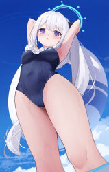 Rule 34 | 1girl, 200f (nifu), absurdres, armpits, arms up, blue archive, blue halo, blue one-piece swimsuit, blue sky, blush, breasts, cloud, cloudy sky, commentary, covered navel, day, feet out of frame, frilled one-piece swimsuit, frills, halo, highres, light smile, long hair, looking at viewer, miyako (blue archive), miyako (swimsuit) (blue archive), official alternate costume, one-piece swimsuit, outdoors, parted lips, ponytail, purple eyes, sky, small breasts, solo, standing, swimsuit, very long hair, wet, white hair