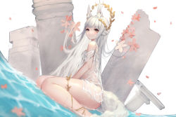 Rule 34 | 1girl, animal ear fluff, animal ears, arknights, bare arms, bare legs, bare shoulders, blush, braid, brown eyes, commentary, flower, french braid, long hair, looking at viewer, official alternate costume, petals, pink flower, platinum (arknights), platinum (shimmering dew) (arknights), roro (shisi4656), silver hair, sitting, solo, tail, thighs, very long hair, wariza, water