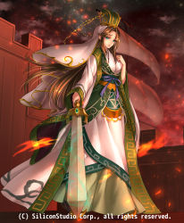 Rule 34 | 1girl, blue eyes, brown hair, chinese clothes, company name, fire, full body, gyakushuu no fantasica, hanfu, hat, highres, long hair, official art, open mouth, ryuki@maguro-ex, ship, sky, solo, sword, veil, watercraft, weapon