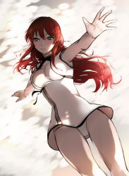 Rule 34 | 1girl, a-line, bad id, bad pixiv id, blue eyes, breasts, cleavage, cleavage cutout, clothing cutout, highres, long hair, looking at viewer, medium breasts, original, panties, red hair, shirt, solo, underwear, white panties, white shirt