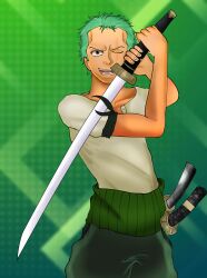 Rule 34 | 1boy, full body, green hair, highres, holding, holding sword, holding weapon, ibispaint (medium), katana, looking at viewer, male focus, multiple swords, muscular, muscular male, one piece, one piece treasure cruise, pirate, roronoa zoro, scar, scar on face, short hair, simple background, solo, sword, weapon