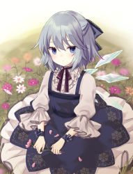 Rule 34 | 1girl, blue dress, blue eyes, blurry, blurry background, cirno, closed mouth, commentary request, depth of field, dress, flower, frills, grass, grey hair, hair between eyes, holding, holding flower, ice, ice wings, long sleeves, on grass, petals, pink flower, puffy long sleeves, puffy sleeves, purin jiisan, purple flower, shirt, sleeveless, sleeveless dress, solo, touhou, white flower, white shirt, wide sleeves, wings