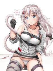 Rule 34 | 1girl, 2021, 9a-91 (girls&#039; frontline), arknights, blaze (arknights), blaze (arknights) (cosplay), blue eyes, cat tail, chest belt, cosplay, dated, fingerless gloves, girls&#039; frontline, gloves, hair ornament, hairclip, highres, holding tail, jacket, long hair, open clothes, open jacket, panties, single thighhigh, skindentation, solo, star (symbol), star hair ornament, tail, tank top, thigh strap, thighhighs, throat microphone, underwear, very long hair, white hair, white tank top, yukinoshiro
