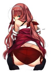 Rule 34 | 10s, 1girl, ahoge, ass, bikini, bow, butt crack, dated, from behind, green eyes, hair bow, hairband, kantai collection, kawakaze (kancolle), long hair, looking at viewer, looking back, low twintails, rayvon, red bikini, red bow, red hair, seiza, simple background, sitting, sketch, solo, swimsuit, twintails, very long hair, white background
