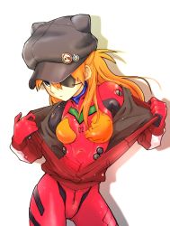 Rule 34 | 10s, 1girl, animal ears, animal hat, badge, black hat, blue eyes, bodysuit, bodysuit under clothes, breasts, button badge, cabbie hat, cat hat, closed mouth, contrapposto, cowboy shot, evangelion: 3.0 you can (not) redo, eyepatch, facing viewer, fake animal ears, frown, gloves, hair between eyes, hamachixyz, hat, hat ornament, head tilt, jacket, legs apart, long hair, long sleeves, looking at viewer, medium breasts, neon genesis evangelion, off shoulder, open clothes, open jacket, orange hair, pilot suit, plugsuit, rebuild of evangelion, red jacket, shadow, simple background, skull print, solo, souryuu asuka langley, standing, tape, track jacket, turtleneck, two side up, undressing, unzipped, white background