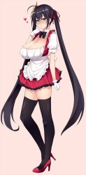 Rule 34 | 1girl, ahoge, alternate costume, apron, azur lane, black hair, black thighhighs, blush, breasts, cleavage, covered erect nipples, crossed bangs, dress, finger to mouth, frilled apron, frills, full body, gloves, hair between eyes, hair ribbon, heart, high heels, kusano (torisukerabasu), large breasts, long hair, looking at viewer, looking to the side, maid, maid apron, mask, mask on head, nose blush, puffy sleeves, red eyes, red ribbon, ribbon, short sleeves, solo, standing, taihou (azur lane), thighhighs, twintails, very long hair, white apron, white gloves