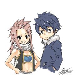 Rule 34 | 1boy, 1girl, blue hair, brown eyes, child, commentary request, cropped torso, fairy tail, fur trim, gray fullbuster, hands in pockets, hands on own hips, if they mated, jacket, juvia lockser, long hair, lucy heartfilia, mashima hiro, natsu dragneel, red hair, scarf, signature, simple background, smile, vest, white background
