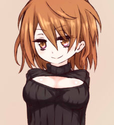 Rule 34 | 1girl, alternate costume, black sweater, brown background, brown eyes, brown hair, brown theme, cleavage cutout, closed mouth, clothing cutout, commentary request, dot nose, hair between eyes, i.u.y, light blush, long bangs, looking at viewer, medium hair, meme attire, messy hair, misaka worst, open-chest sweater, ribbed sweater, simple background, smile, solo, sweater, toaru majutsu no index, turtleneck, upper body, v-shaped eyebrows