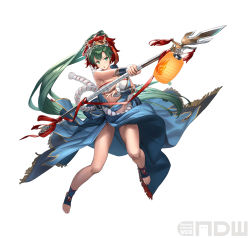 Rule 34 | 1girl, :o, absurdres, bandages, bandeau, blue shirt, blue skirt, breasts, chest sarashi, cleavage, cuboon, fire emblem, fire emblem: the blazing blade, fire emblem heroes, full body, green eyes, green hair, highres, holding, holding polearm, holding weapon, lantern, large breasts, long hair, lyn (fire emblem), mask, mask on head, midriff, nintendo, official alternate costume, official art, open mouth, paper lantern, polearm, ponytail, rope belt, sarashi, shirt, short sleeves, side slit, simple background, single-shoulder shirt, single bare shoulder, skirt, skirt set, solo, spear, standing, stomach, strapless, tube top, very long hair, weapon, white background