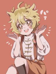 Rule 34 | 1boy, blonde hair, blush stickers, brown eyes, delicious party precure, highres, male focus, mem-mem (precure), mem-mem (precure) (human), natonanto, orange background, orange shorts, precure, shorts, smile, solo, suspenders