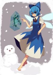 Rule 34 | bad id, bad pixiv id, barefoot, blue eyes, blue hair, bow, cirno, embodiment of scarlet devil, frog, fuurin (omaemona), hair bow, short hair, snow, snowman, solo, touhou, wings