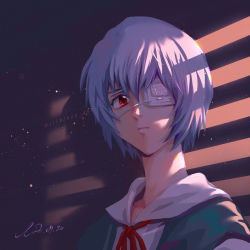 Rule 34 | 1girl, artist name, ayanami rei, bandage over one eye, window blinds, blouse, blue dress, blue hair, close-up, commentary, dated, dress, dress shirt, expressionless, eyepatch, hair between eyes, light particles, lisazhou art, looking at viewer, neck ribbon, neon genesis evangelion, pinafore dress, portrait, red eyes, red ribbon, ribbon, school uniform, shaded face, shadow, shirt, short hair, signature, sleeveless dress, solo, tokyo-3 middle school uniform, twitter username, white shirt