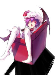 Rule 34 | 1girl, bat wings, blush, dress, closed eyes, fang, hat, hat ribbon, highres, koissa, mob cap, one-hour drawing challenge, open mouth, purple hair, remilia scarlet, ribbon, short hair, short sleeves, skirt, skirt set, sleeping, solo, thighhighs, touhou, white dress, white thighhighs, wings