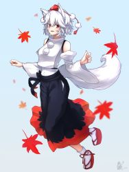 Rule 34 | 1641 (chfhrtor94), animal ears, autumn leaves, bare shoulders, black skirt, blue background, detached sleeves, hat, highres, inubashiri momiji, leaf, maple leaf, multicolored clothes, multicolored skirt, pom pom (clothes), red eyes, red footwear, red skirt, shirt, short hair, signature, simple background, skirt, sleeveless, sleeveless shirt, socks, solo, tail, tokin hat, touhou, turtleneck, white hair, white shirt, white socks, wolf ears, wolf tail