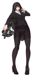 Rule 34 | 1girl, adjusting hair, bad id, bad pixiv id, black hair, bullpup, business suit, finger on trigger, formal, from below, gluteal fold, gun, high heels, highres, holding, holding gun, holding weapon, long hair, miniskirt, nephlite, original, p90, panties, pantyhose, parted lips, pencil skirt, personal defense weapon, red eyes, simple background, skirt, skirt suit, smile, solo, submachine gun, suit, unbuttoned, underwear, weapon, white background