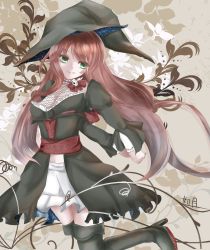 Rule 34 | 1girl, absurdres, artist request, boots, breasts, brown hair, cleavage, fang, female focus, green eyes, hat, highres, long hair, original, signature, smile, solo, tagme, very long hair, witch, witch hat