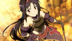 Rule 34 | 10s, 1girl, black hair, detached sleeves, fingerless gloves, game cg, gloves, hair ornament, holding, holding sword, holding weapon, long hair, looking at viewer, red eyes, smile, solo, sword, sword art online, sword art online: hollow fragment, weapon, yuuki (sao)