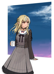 Rule 34 | 1girl, black jacket, blonde hair, brown eyes, cup, dark-skinned female, dark skin, dress, elf, expressionless, eyebrows hidden by hair, grey dress, highres, holding, holding cup, hololive, jacket, leaning back, long pointy ears, looking to the side, mug, official alternate costume, pinstripe dress, pinstripe pattern, pointy ears, sailor collar, sazare (sazare az), shiranui flare, shiranui flare (street), sitting, solo, striped, virtual youtuber