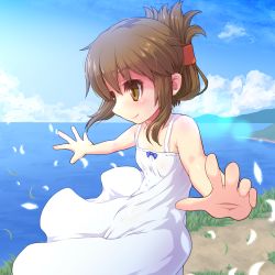 Rule 34 | 1girl, alternate costume, blue sky, brown eyes, brown hair, cloud, commentary request, cowboy shot, day, dress, folded ponytail, foreshortening, grass, horizon, inazuma (kancolle), kantai collection, long hair, mountain, ocean, off-shoulder dress, off shoulder, outdoors, outstretched arms, petals, scenery, sky, sleeveless, sleeveless dress, smile, solo, white dress, you naka