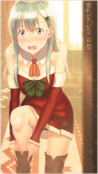 Rule 34 | 10s, 1girl, absurdres, aqua eyes, aqua hair, ascot, black panties, blush, boots, bow, breasts, christmas, christmas tree hair ornament, cleavage, commentary request, detached collar, detached sleeves, dress, fur-trimmed sleeves, fur trim, green hair, hair ornament, highres, indoors, kantai collection, key kun, large breasts, long hair, looking at viewer, nose blush, open mouth, panties, pantyshot, putting on shoes, santa costume, santa dress, solo, standing, suzuya (kancolle), thigh boots, thighhighs, twitter username, underwear, wavy mouth