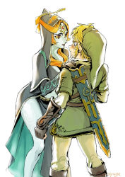 Rule 34 | 1boy, 1girl, blonde hair, blue skin, blush, colored sclera, colored skin, eye contact, front ponytail, hat, height difference, hood, link, looking at another, midna, midna (true), nintendo, orange eyes, orange hair, pointy ears, scabbard, sheath, the legend of zelda, the legend of zelda: twilight princess, tsuyuga, yellow sclera