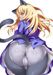 Rule 34 | 1girl, animal ears, ass, ass focus, bent over, blonde hair, blush, cameltoe, cat ears, cat tail, crotch seam, from behind, glasses, highres, huge ass, mozu-k, mozuku (djpw), panties, panties under pantyhose, pantyhose, perrine h. clostermann, simple background, solo, strike witches, tail, trefoil, underwear, wide hips, world witches series, yellow eyes
