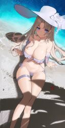 Rule 34 | 1girl, absurdres, arm support, azur lane, beach, bikini, blue eyes, breasts, cleavage, cross, cross necklace, feet out of frame, from above, hat, highres, jewelry, large breasts, long hair, looking at viewer, maanu, necklace, official alternate costume, parted bangs, see-through, see-through sleeves, shadow, sitting, slingshot swimsuit, string bikini, sun hat, swimsuit, thigh strap, white bikini, white hair, yorktown (azur lane), yorktown ii (azur lane), yorktown ii (bright-sky mermaid) (azur lane)