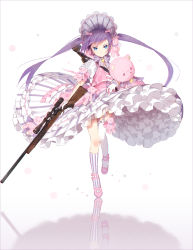 Rule 34 | 1girl, asymmetrical legwear, blue eyes, bolt action, bonnet, bow, bowtie, character request, commentary, finger on trigger, full body, gloves, gun, hair bow, hakusai (tiahszld), highres, lolita fashion, long hair, mary janes, original, purple hair, reflection, rifle, scope, shoes, simple background, single thighhigh, socks, solo, standing, striped clothes, striped socks, striped thighhighs, stuffed animal, stuffed toy, sweet lolita, teddy bear, thighhighs, twintails, uneven legwear, vertical-striped clothes, vertical-striped socks, weapon, weapon on back, white background, white thighhighs