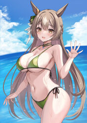 1girl :d absurdres animal_ears bikini blush breasts brown_hair commentary_request day green_bikini hair_ornament hand_up harimoji highres horse_ears horse_girl large_breasts long_hair looking_at_viewer ocean open_mouth outdoors satono_diamond_(umamusume) side-tie_bikini_bottom smile solo swimsuit thighs umamusume underboob water wet