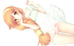 Rule 34 | 1girl, blush, bracelet, braid, dress, frilled dress, frills, from above, garden (game), gayarou, hair ribbon, highres, jewelry, lingerie, long hair, looking at viewer, lying, nightgown, on back, orange eyes, orange hair, panties, pantyshot, pink panties, ribbon, ribbon-trimmed clothes, ribbon trim, rindou mana, simple background, skirt, smile, solo, sundress, thigh gap, thighs, underwear, upskirt, wallpaper, white background, white skirt